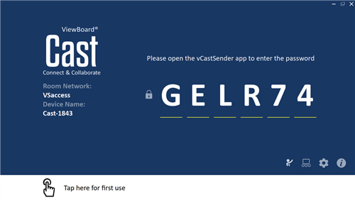 Viewboard Cast Conenct & Collaborate. Room Network is VSaccess. Device name is Cast-1843. Then it displays the password